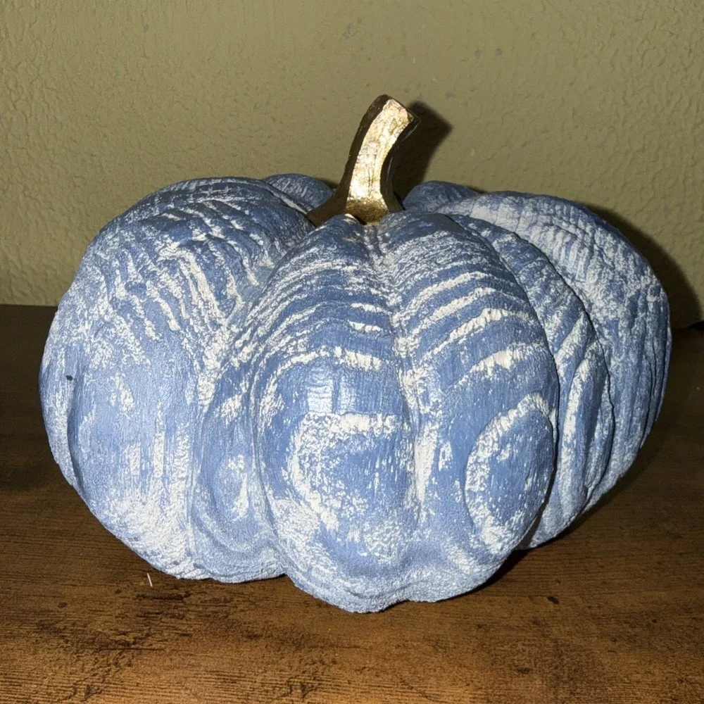 Washed Blue Faux Pumpkin Tabletop Fall Decor with Gold‎ Stem